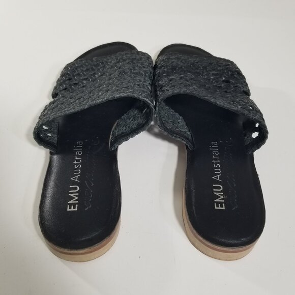 Emu Kadina Leather Slide Womens 8M US  Block Heel Cusioned Boho Chic Black Woven - Picture 3 of 8